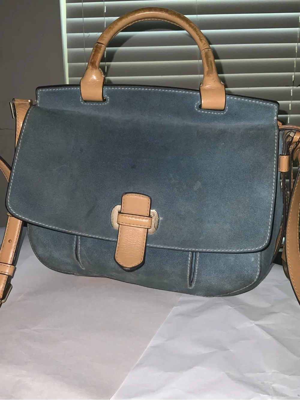 Michael Kors Blue Suede Crossbody Satchel with Tan Leather Trim